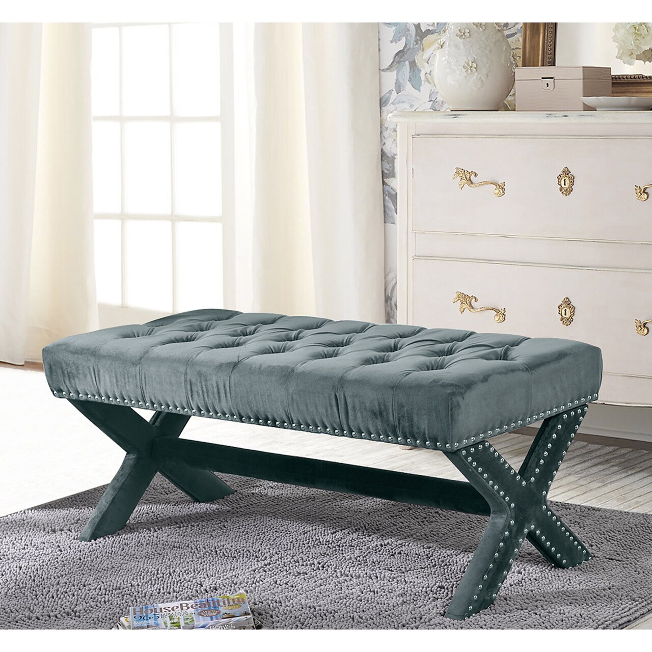 Bryoni Linen/Velvet Button Tufted Silver Nailhead Trim X-Leg Bench